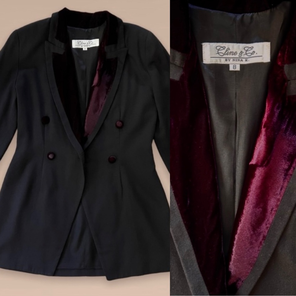 Black Blazer Purple Velvet Accents Women’s Medium 8 Cline & Co. by Nina K.